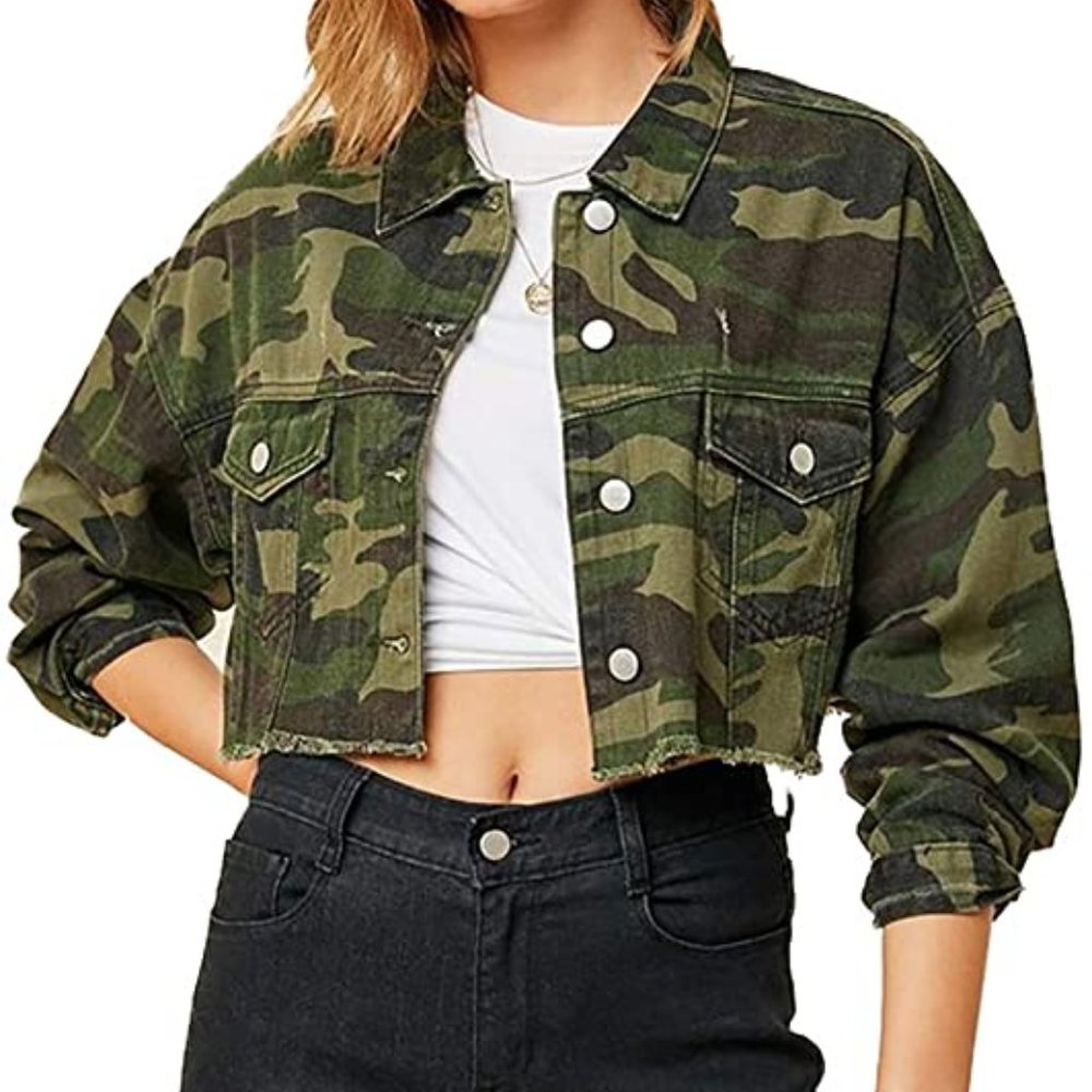 Cropped camo denim jacket